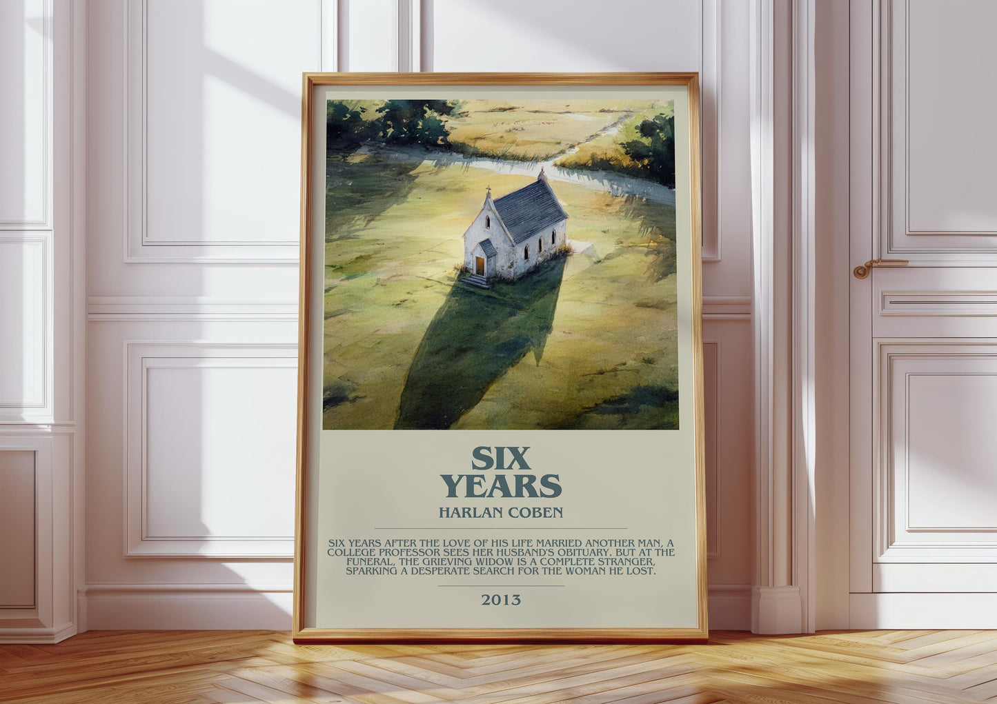 Six Years bookish print in frame leaning in hallway – thriller wall art