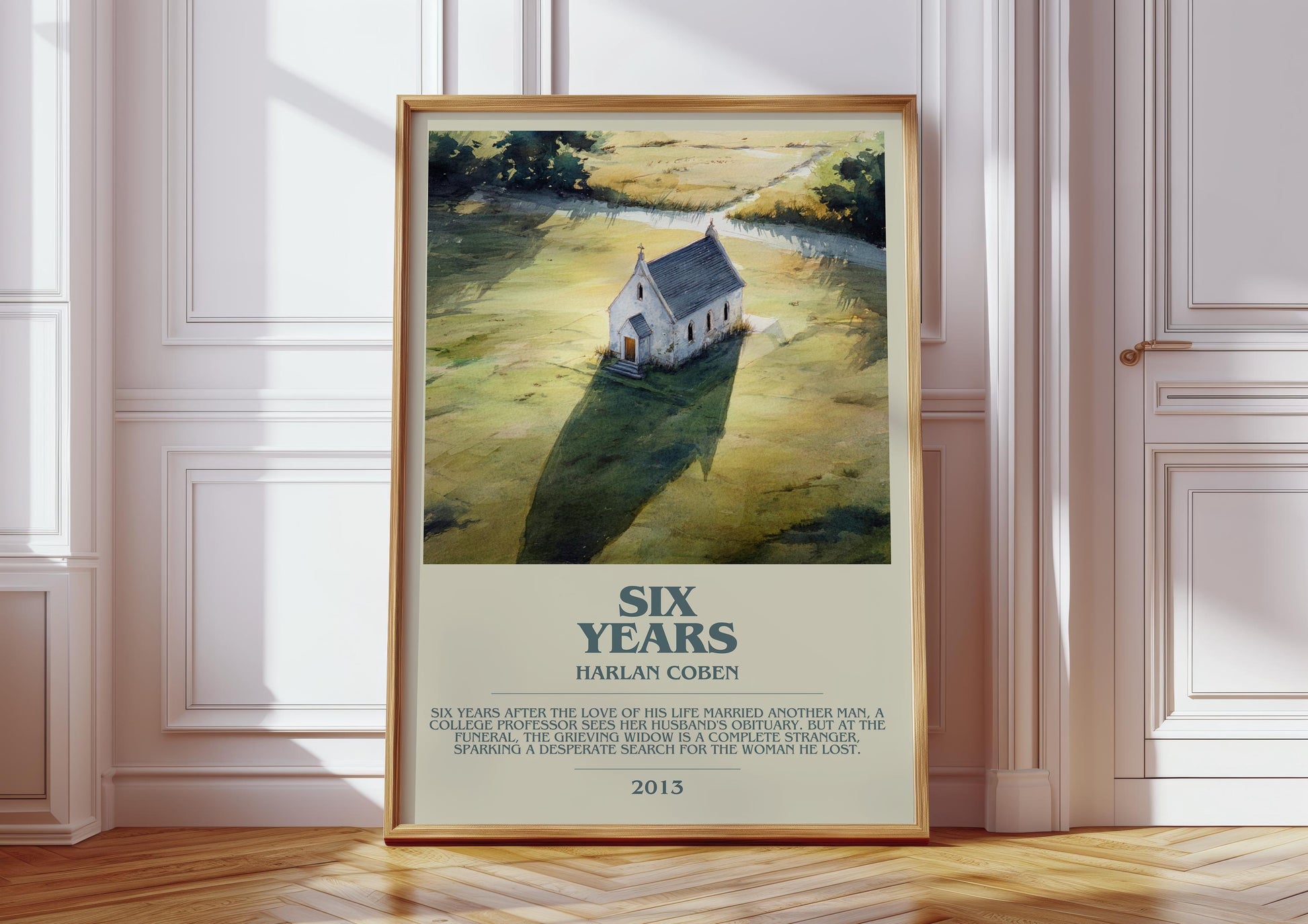 Six Years bookish print in frame leaning in hallway – thriller wall art