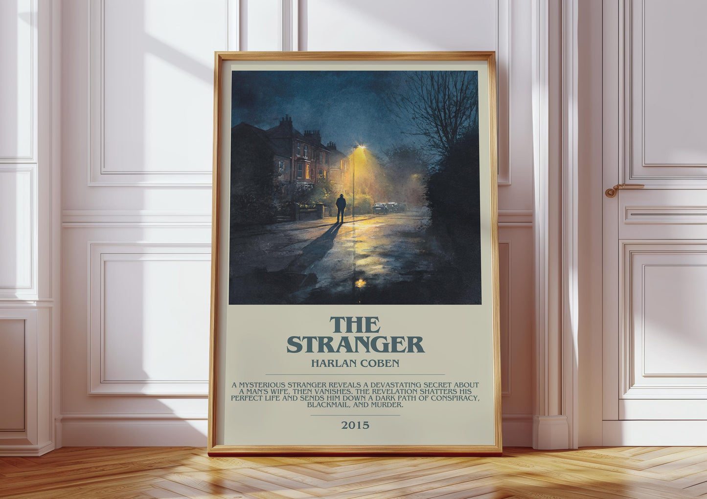 The Stranger bookish print in frame leaning in hallway – thriller wall art