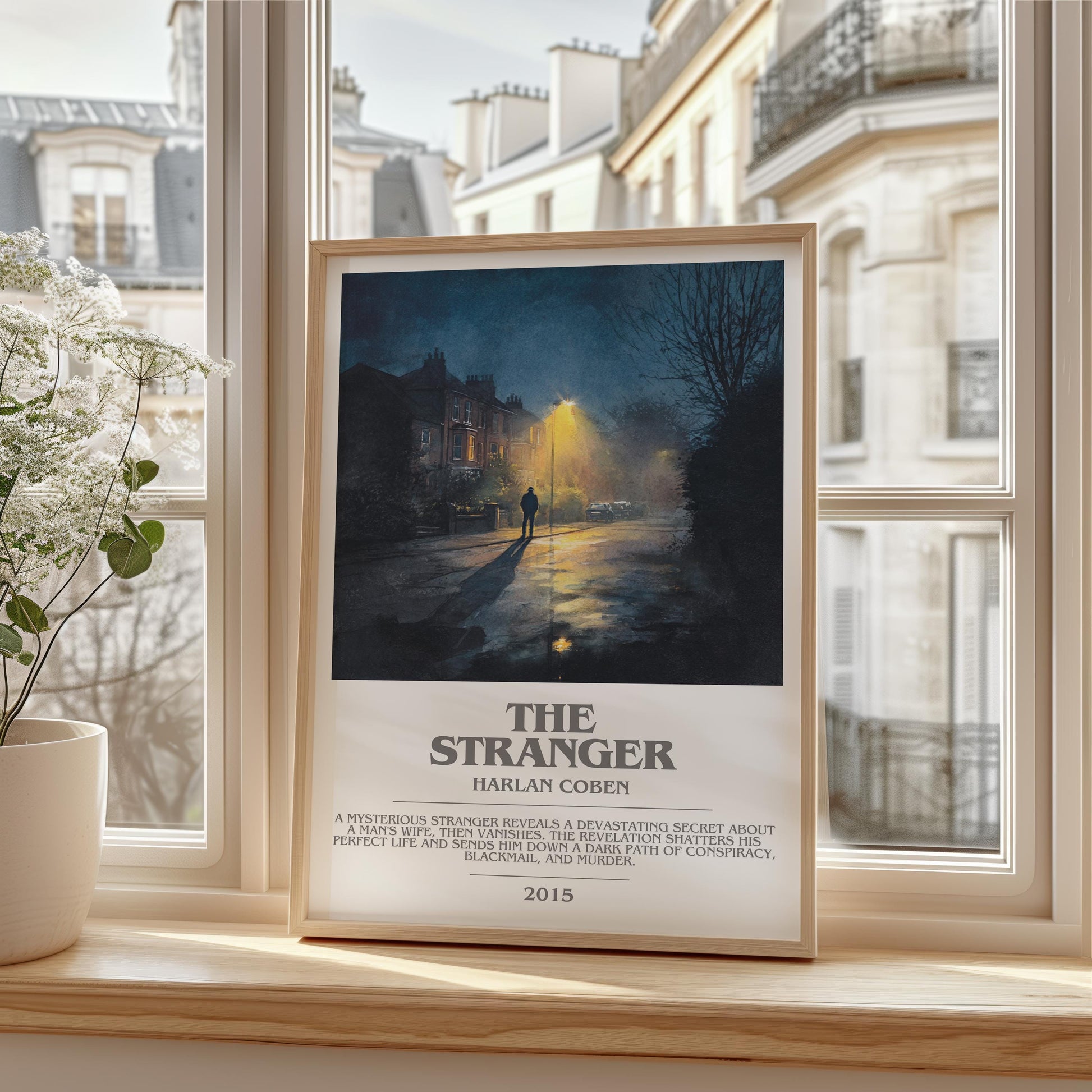 The Stranger bookish print framed by window – literary home decor