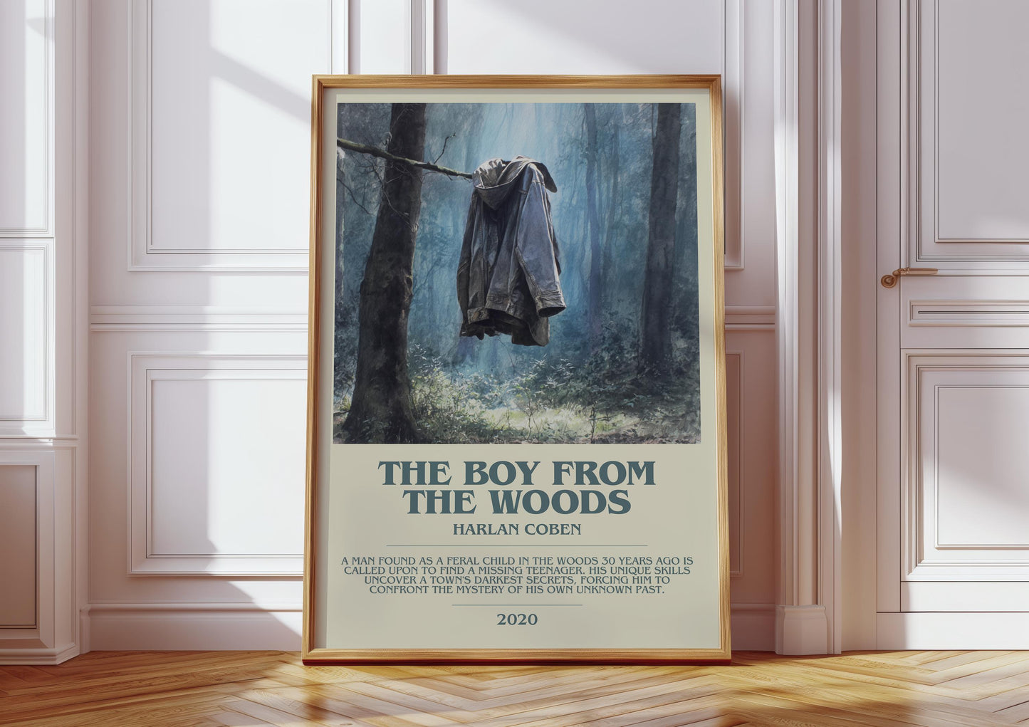 The Boy from the Woods bookish print in frame leaning in hallway – thriller wall art