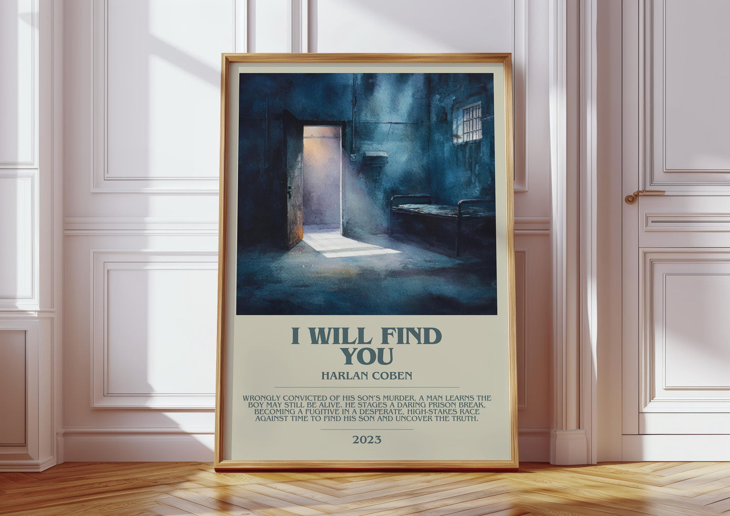 I Will Find You bookish print in frame leaning in hallway – thriller wall art