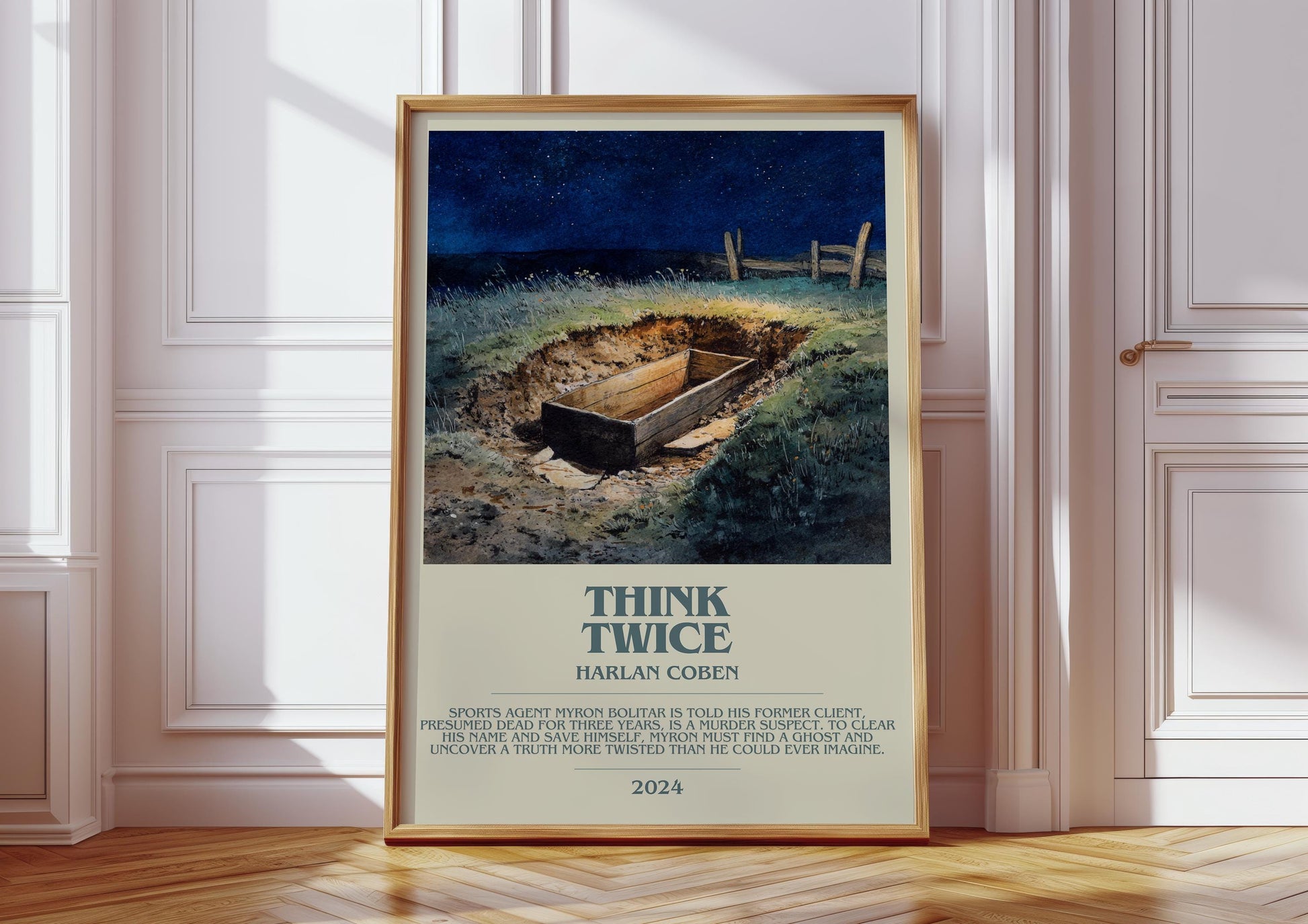Think Twice bookish print in frame leaning in hallway – thriller wall art
