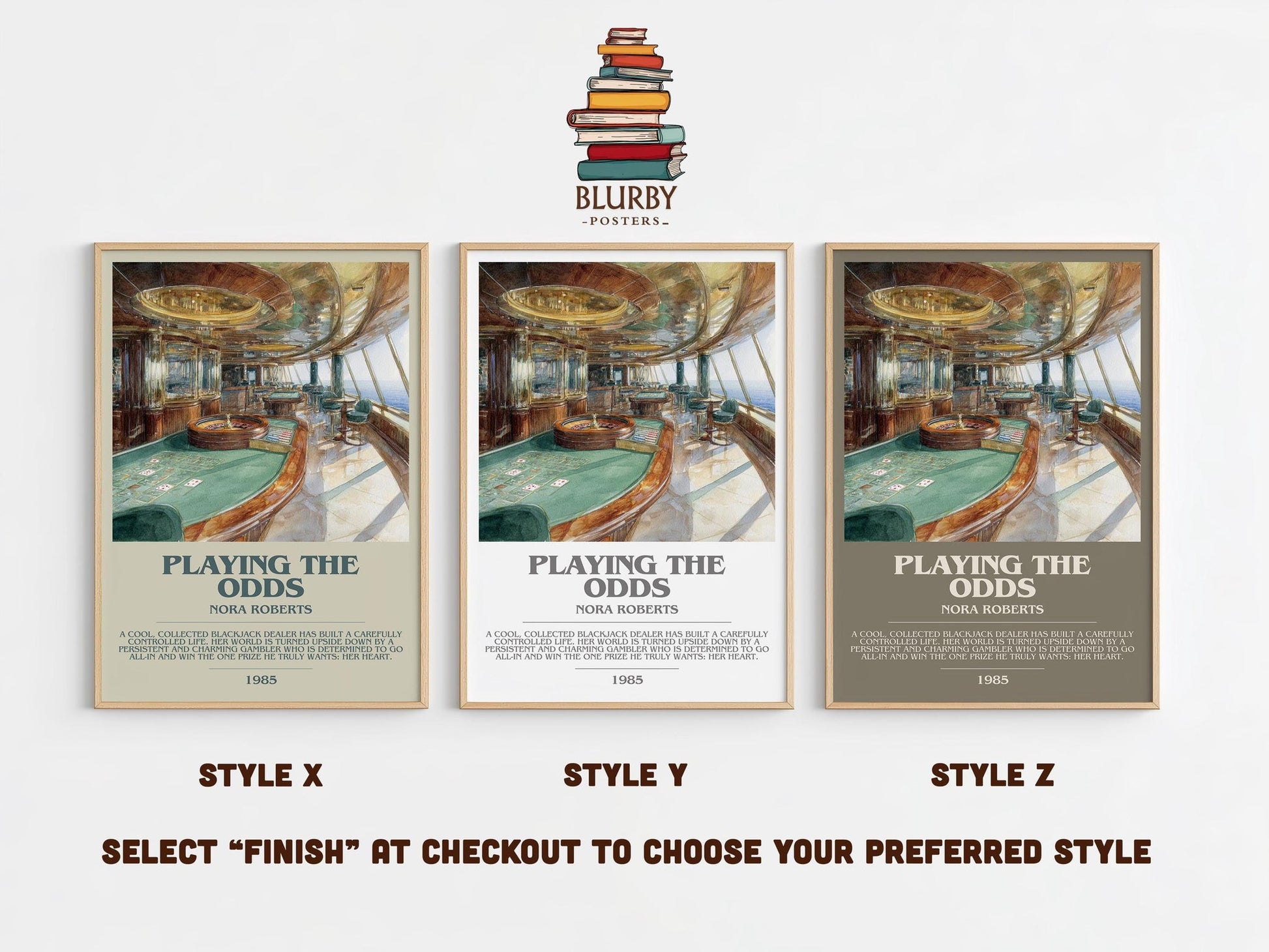 Playing the Odds bookish poster colour and style options – Nora Roberts book art