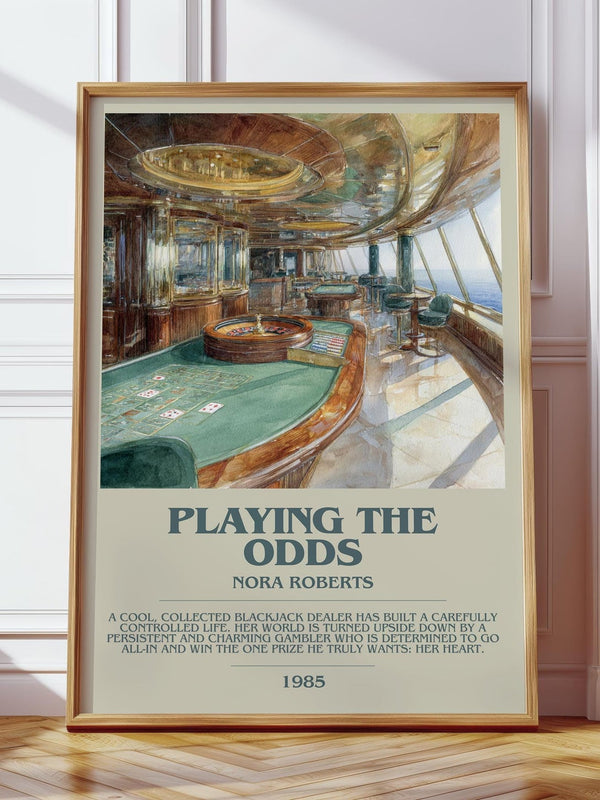 Playing the Odds bookish print in frame leaning in hallway – romance wall art