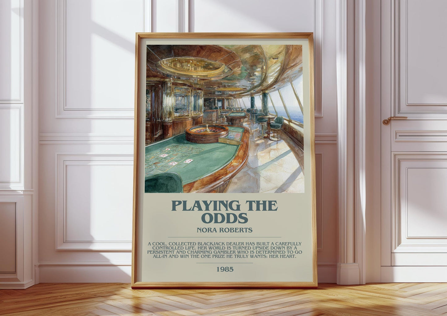 Playing the Odds bookish print in frame leaning in hallway – romance wall art