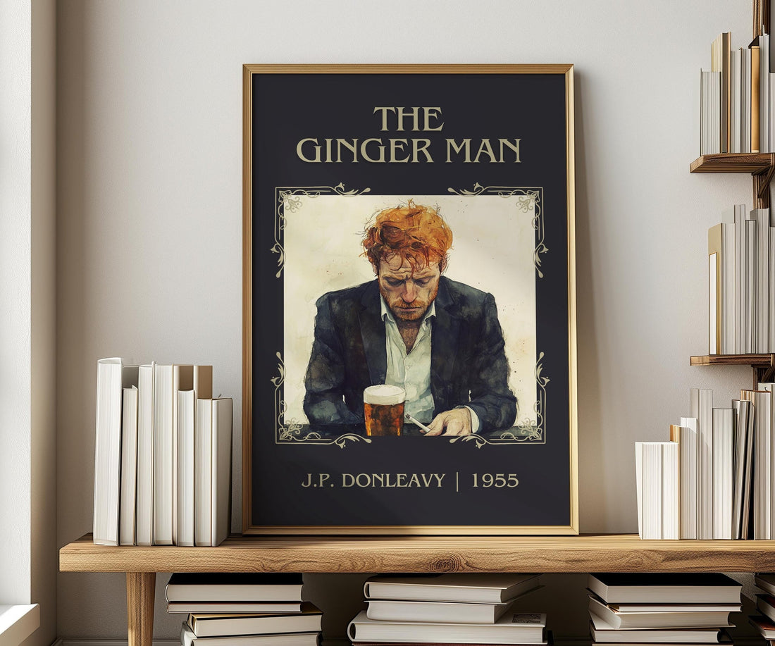 The Ginger Man classic book art print in frame leaning in hallway – coming of age wall art (mockup)