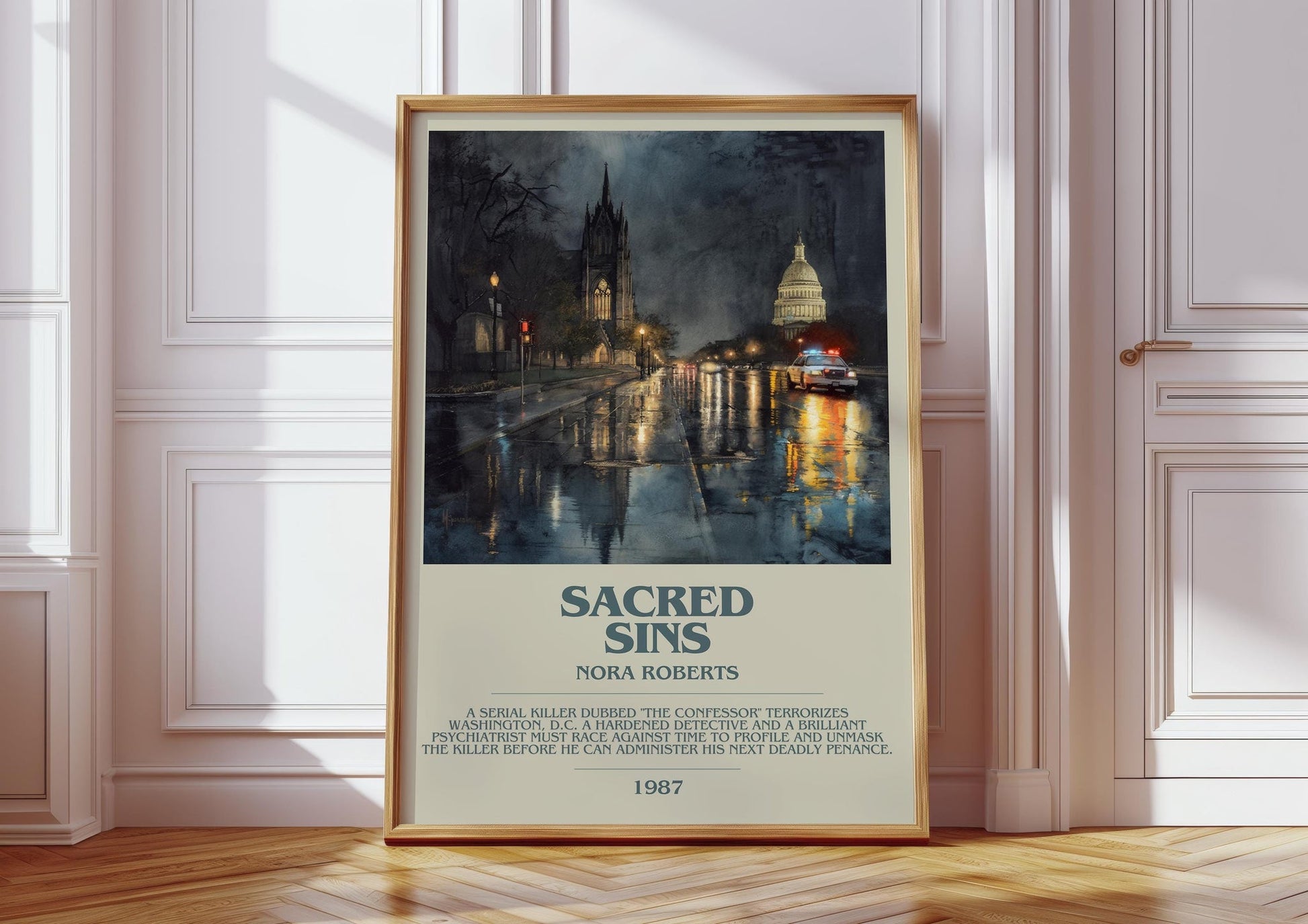 Sacred Sins bookish print in frame leaning in hallway – thriller wall art