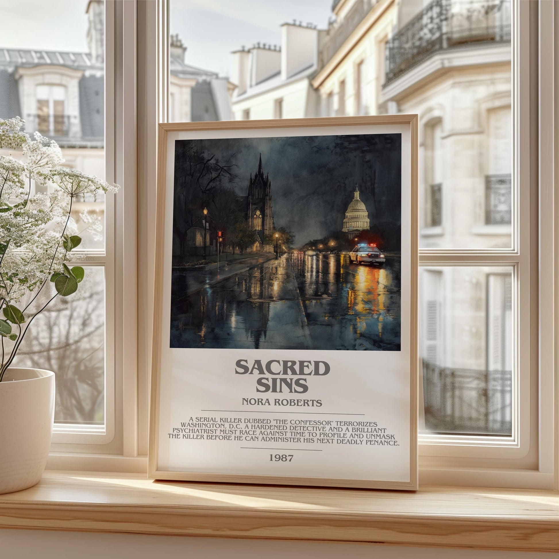 Sacred Sins bookish print framed by window – literary home decor
