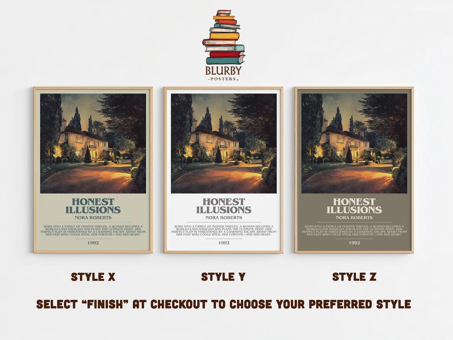 Honest Illusions bookish poster colour and style options – Nora Roberts book art