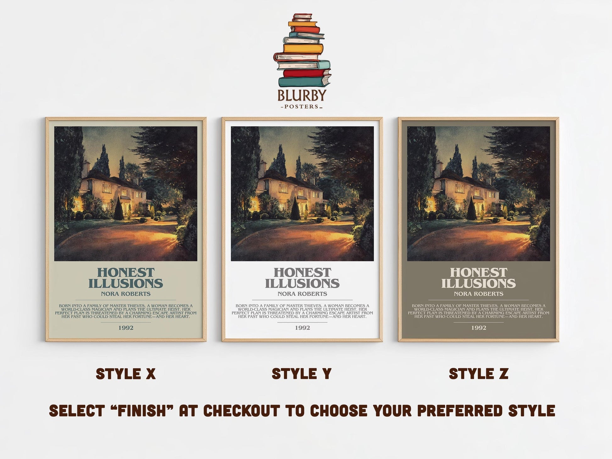 Honest Illusions bookish poster colour and style options – Nora Roberts book art