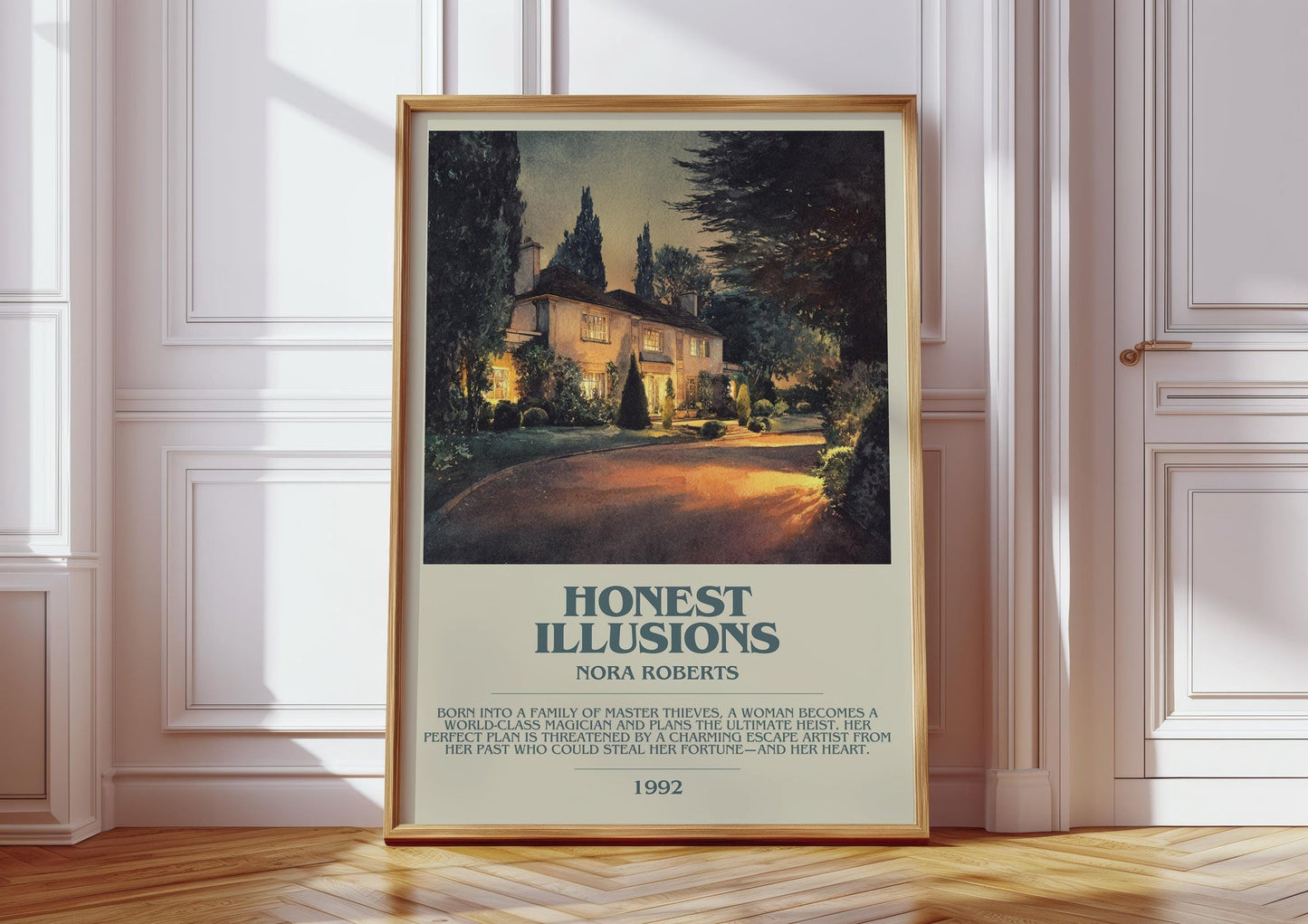 Honest Illusions bookish print in frame leaning in hallway – romance wall art