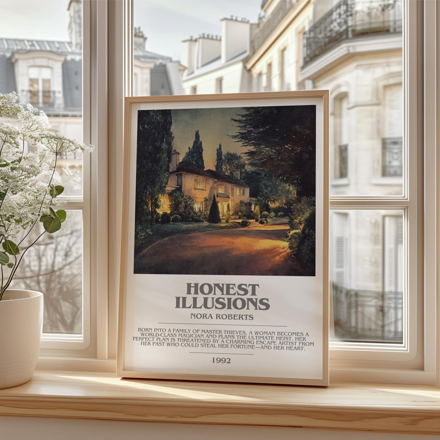 Honest Illusions bookish print framed by window – literary home decor