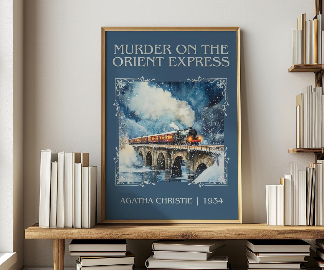 Murder On The Orient Express classic book art print in frame leaning in hallway – mystery wall art (mockup)