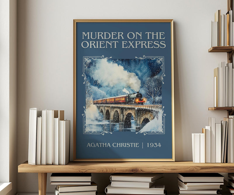 Murder On The Orient Express classic book art print in frame leaning in hallway – mystery wall art