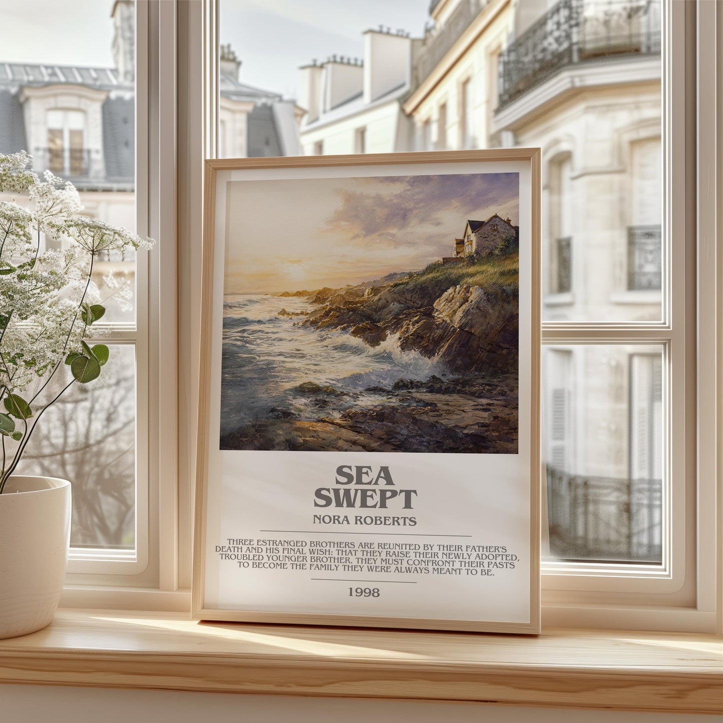 Sea Swept bookish print framed by window – literary home decor