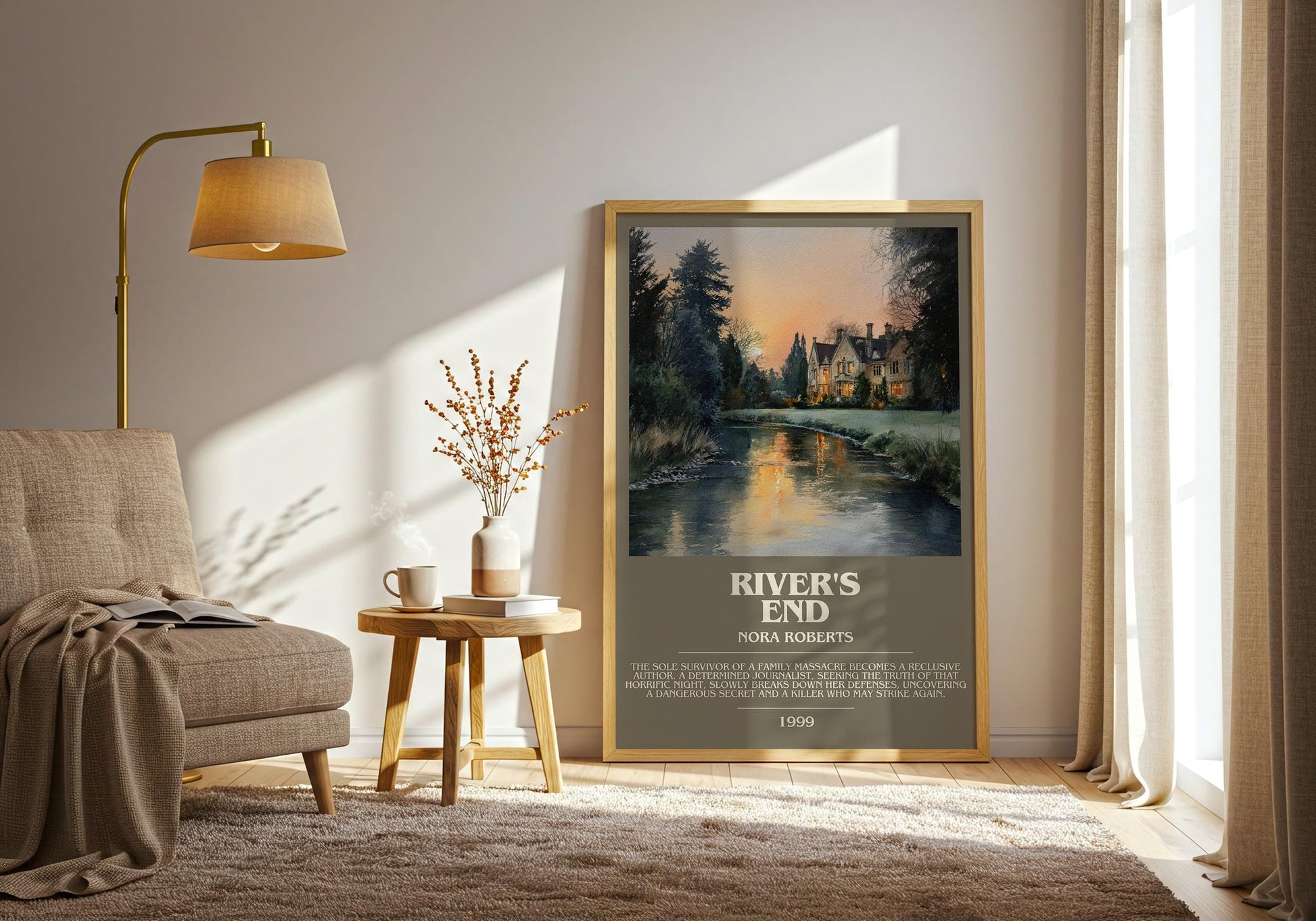 River's End bookish print on bookshelf – Nora Roberts fan gift