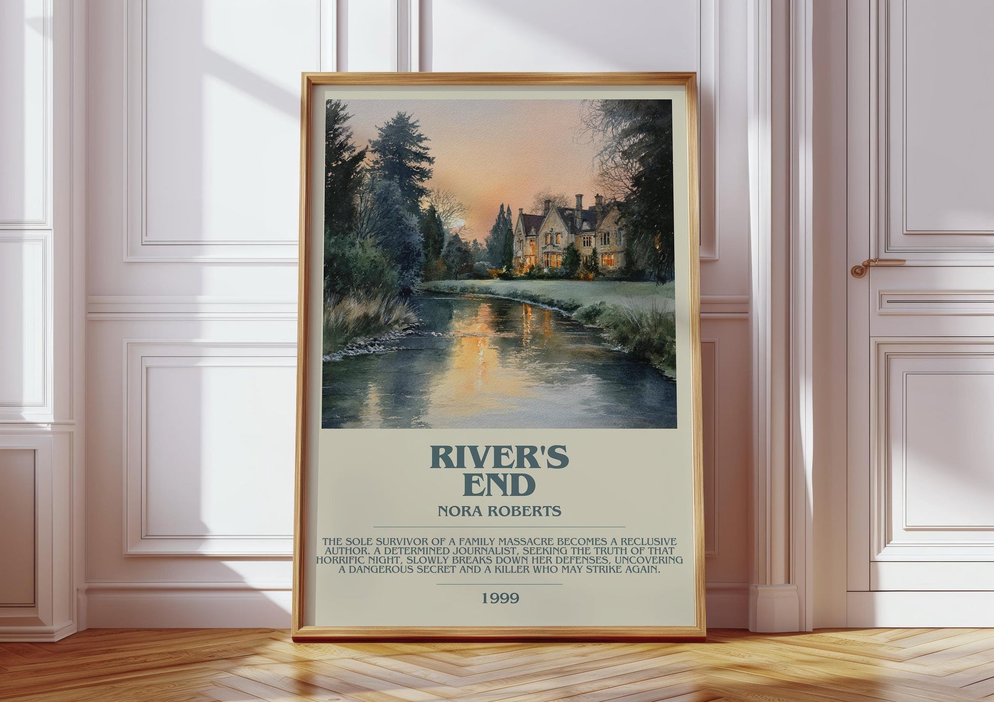 River's End bookish print in frame leaning in hallway – thriller wall art