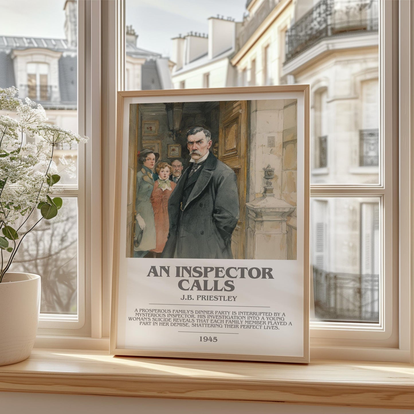 An Inspector Calls bookish print framed by window – literary home decor