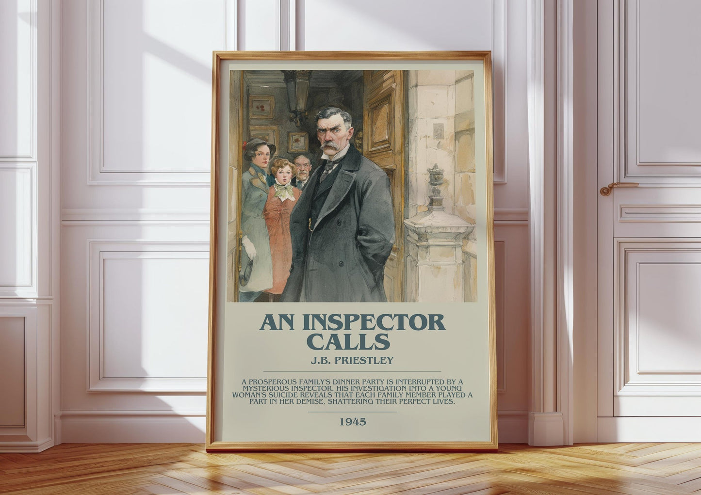 An Inspector Calls bookish print in frame leaning in hallway – classic literature wall art