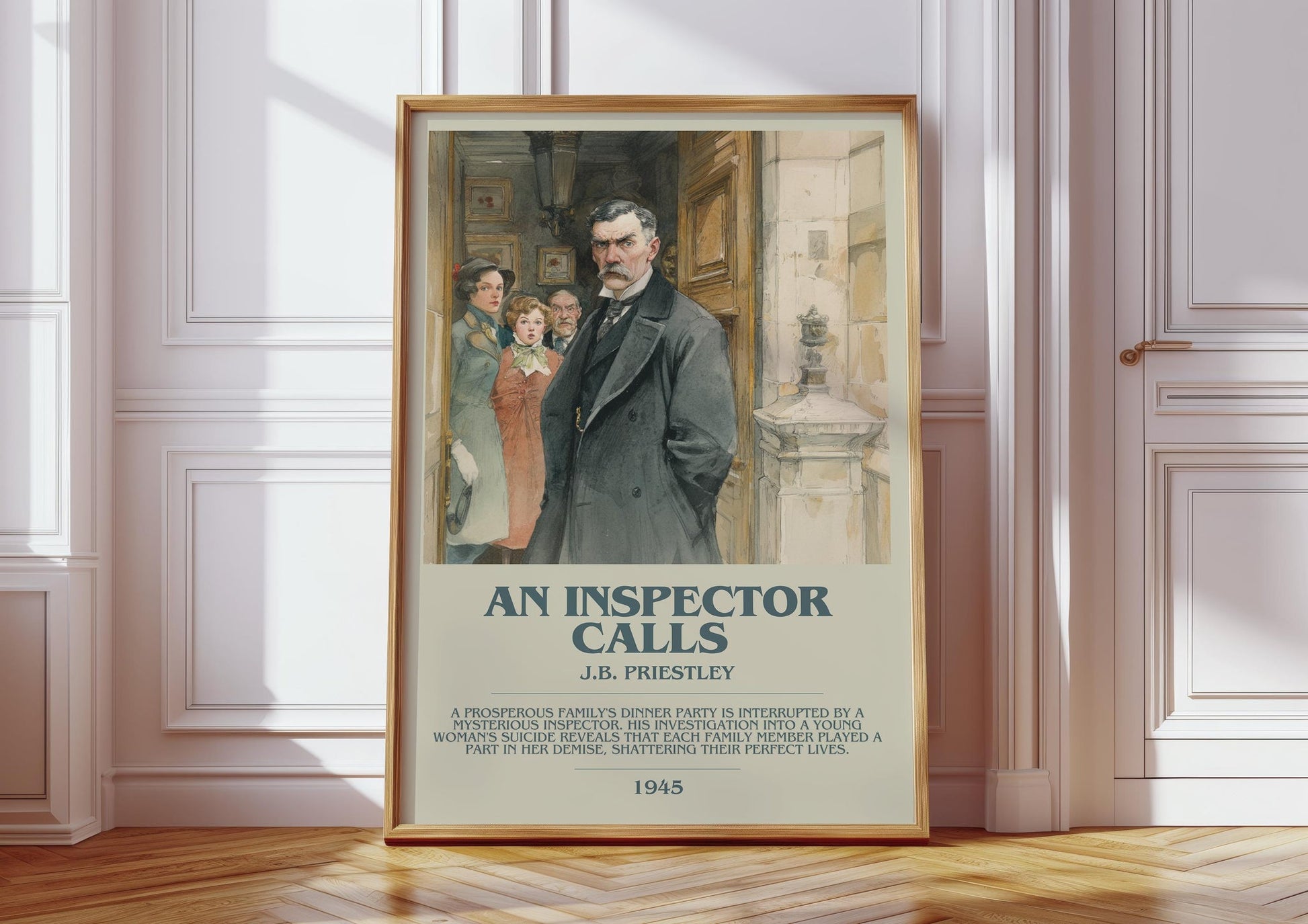 An Inspector Calls bookish print in frame leaning in hallway – classic literature wall art