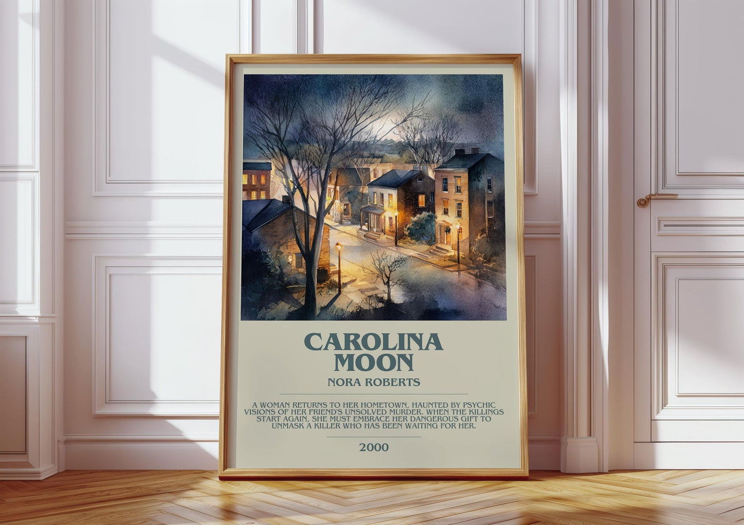 Carolina Moon bookish print in frame leaning in hallway – romance wall art