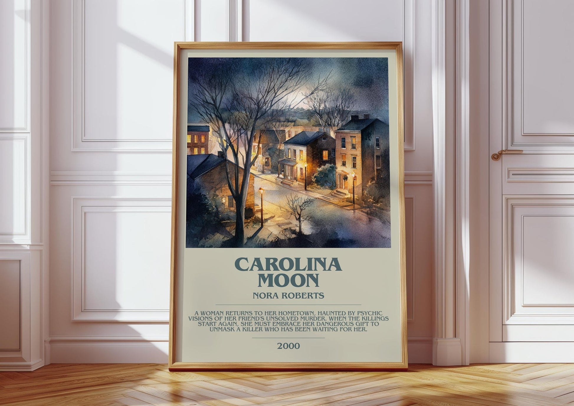 Carolina Moon bookish print in frame leaning in hallway – romance wall art