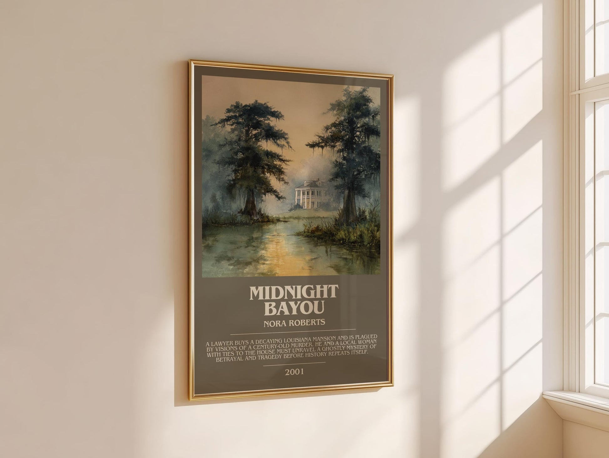 Midnight Bayou bookish book poster framed on wall – historical fiction wall art