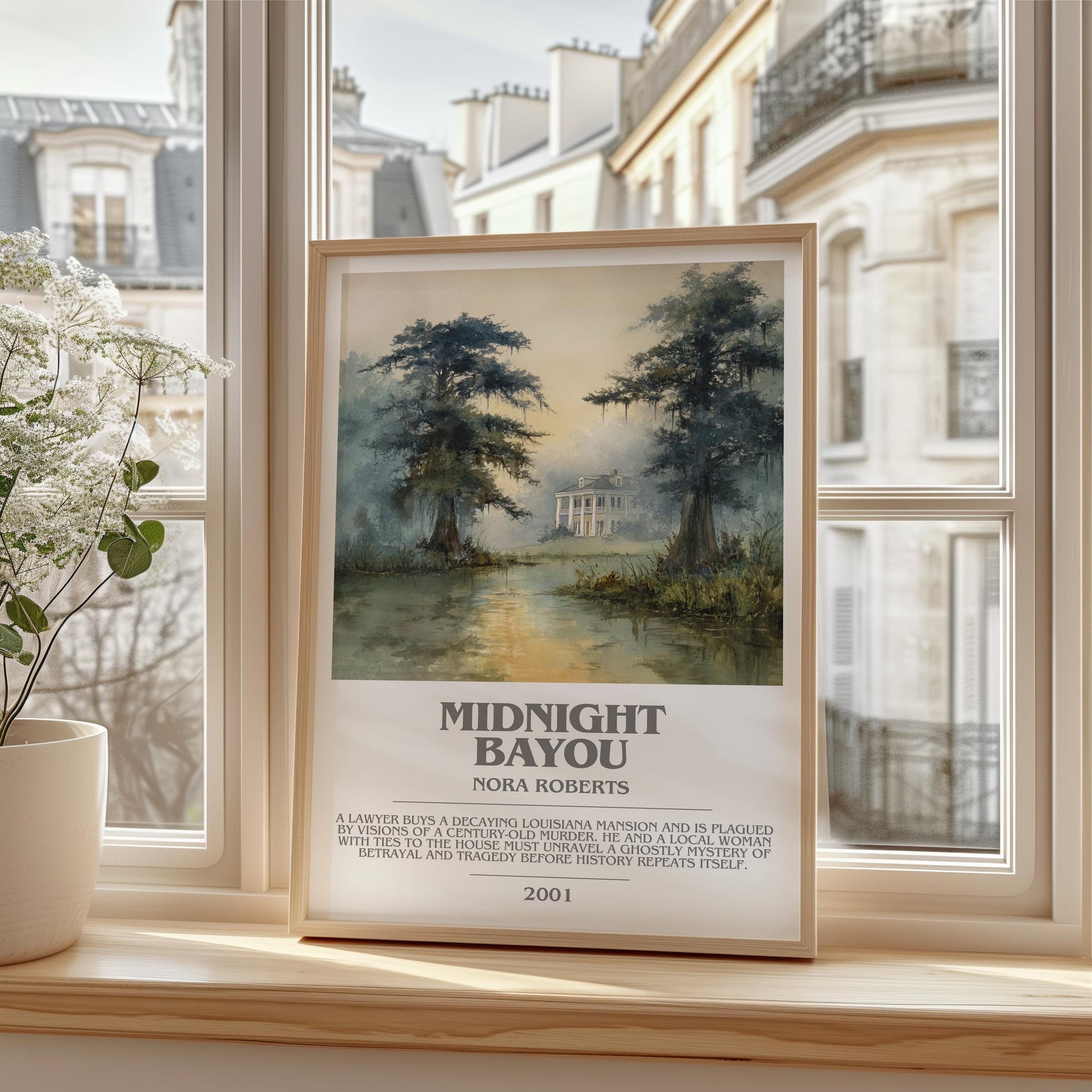 Midnight Bayou bookish print framed by window – literary home decor