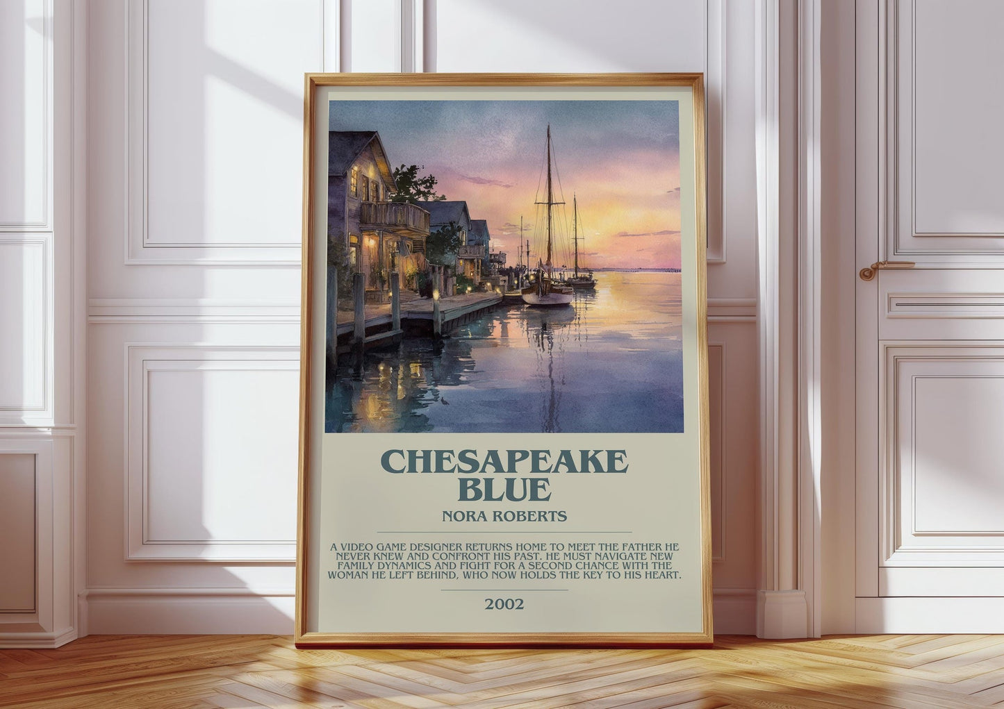 Chesapeake Blue bookish print in frame leaning in hallway – romance wall art