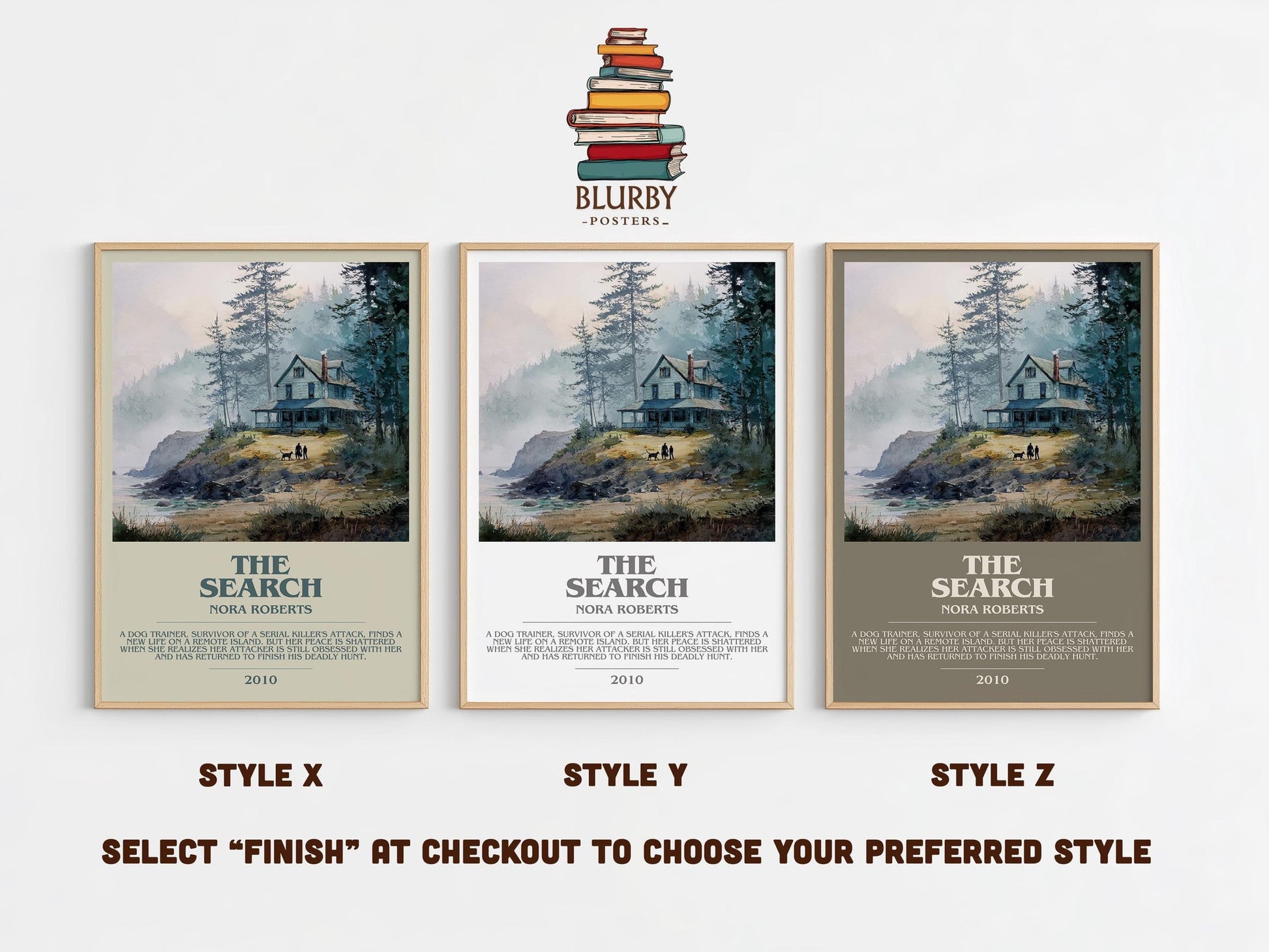 The Search bookish poster colour and style options – Nora Roberts book art