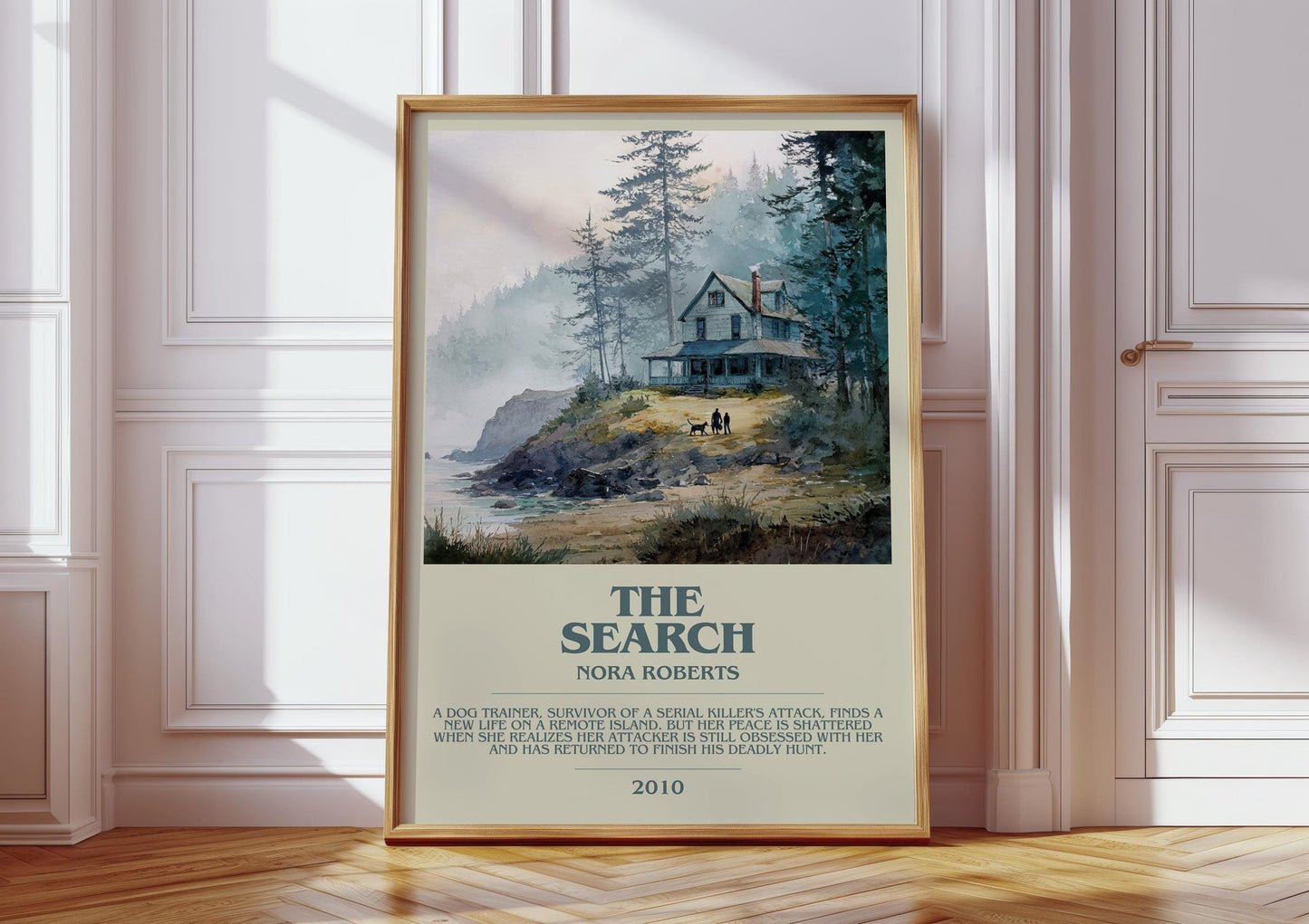 The Search bookish print in frame leaning in hallway – romance wall art