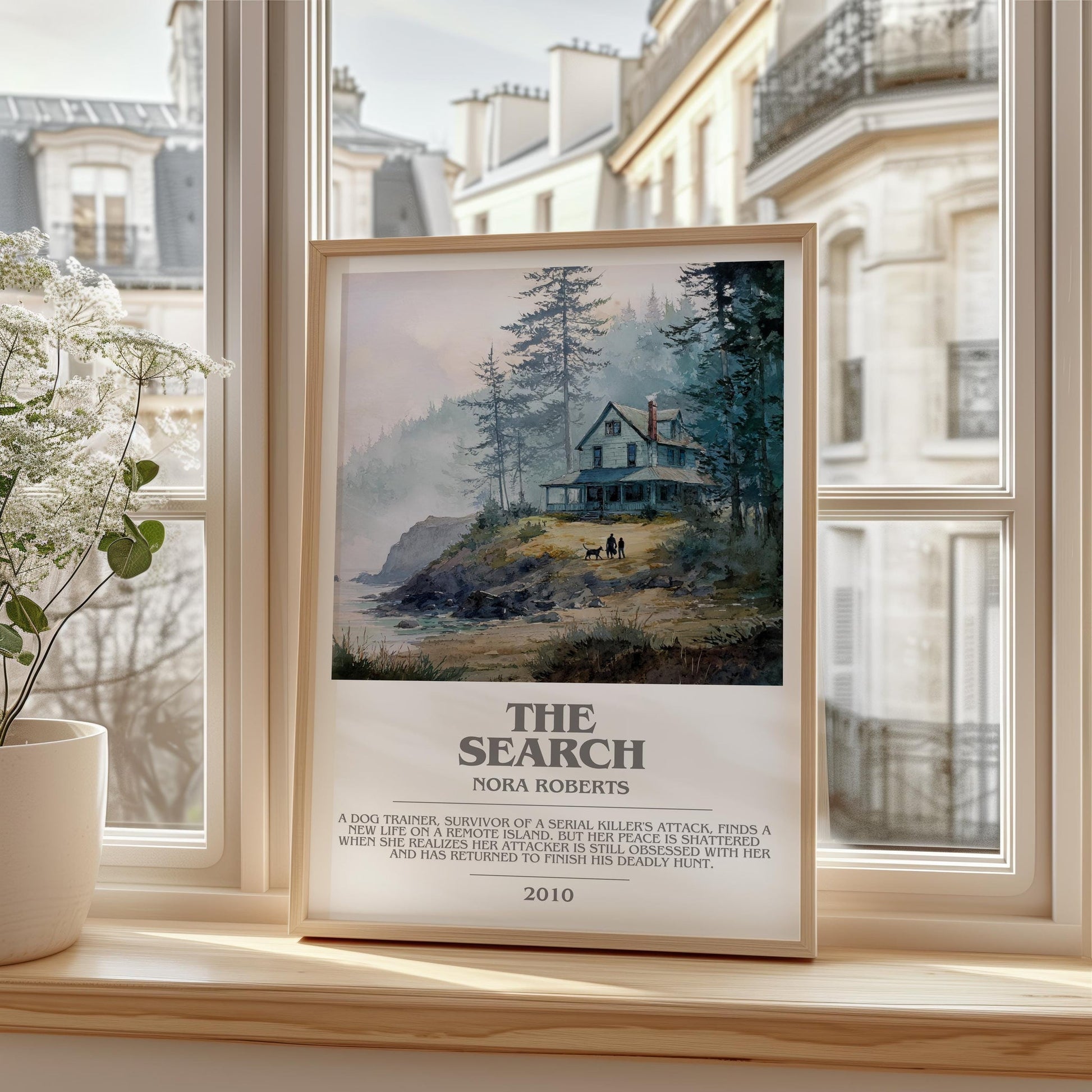 The Search bookish print framed by window – literary home decor