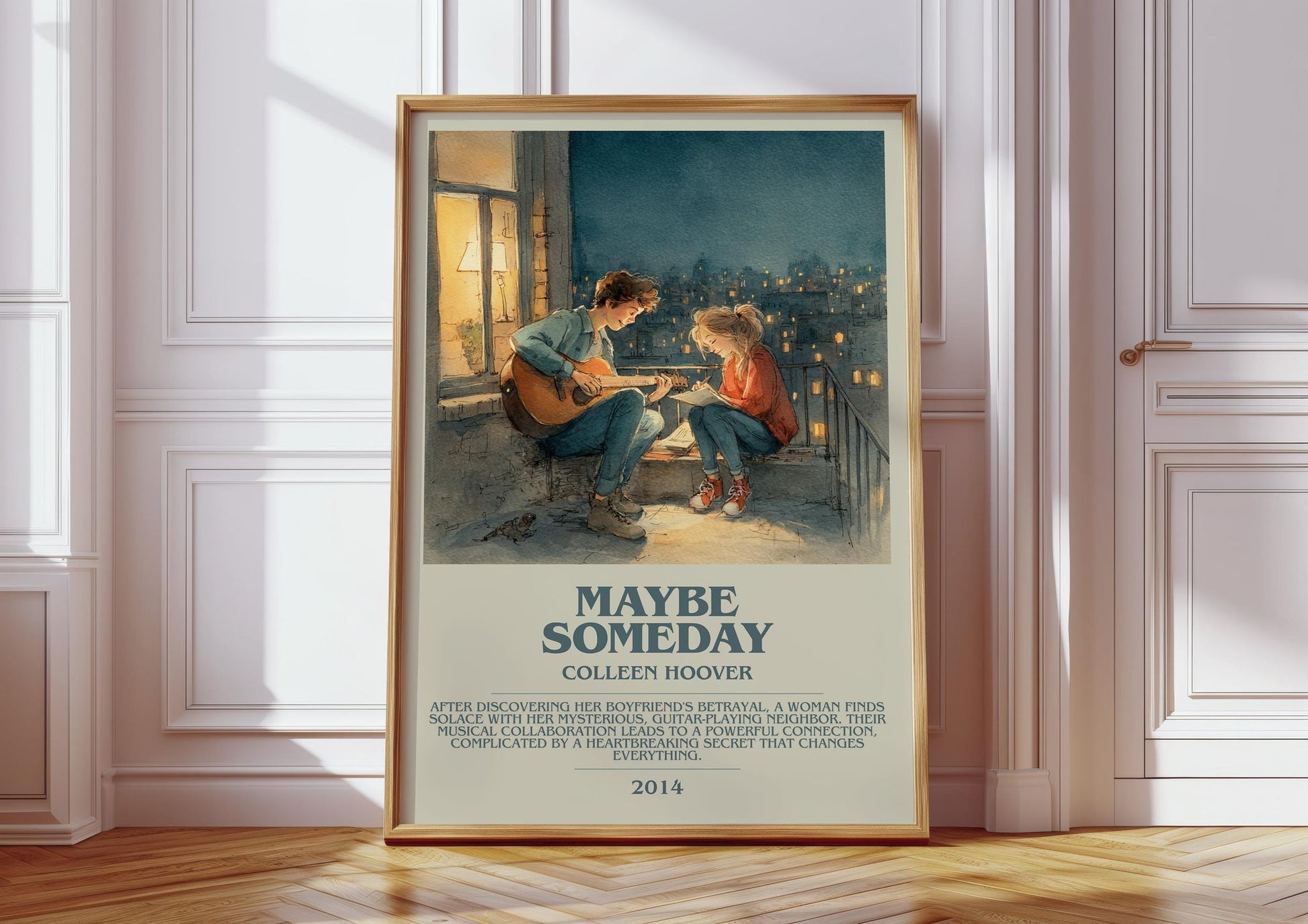 Maybe Someday bookish print in frame leaning in hallway – romance wall art