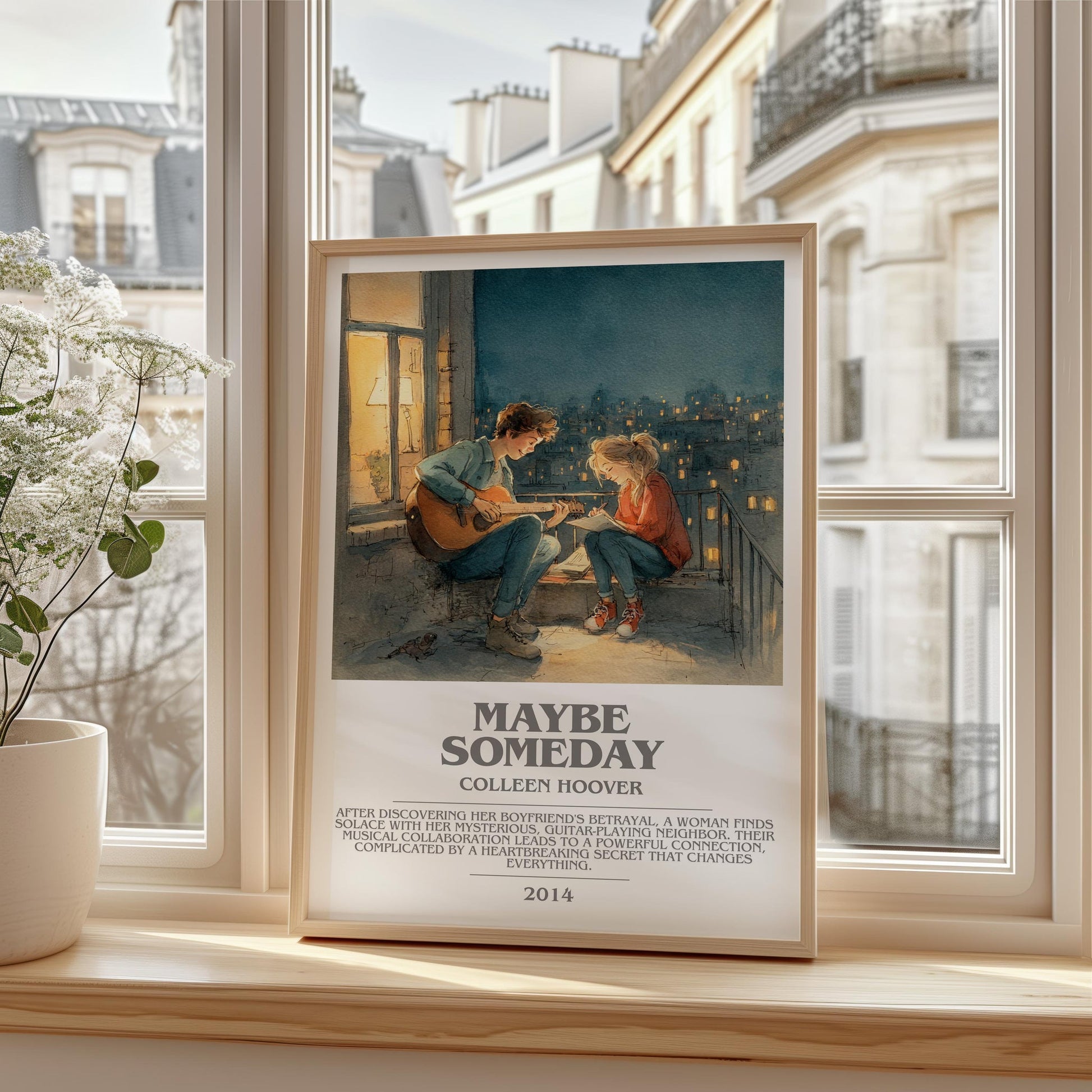 Maybe Someday bookish print framed by window – literary home decor