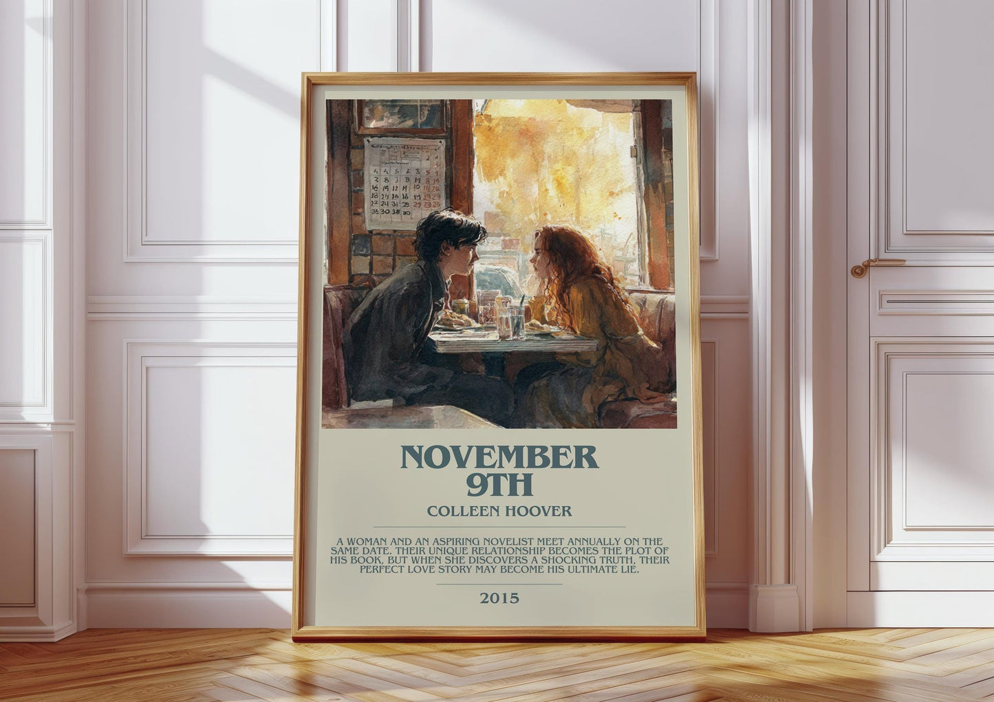 November 9 bookish print in frame leaning in hallway – romance wall art
