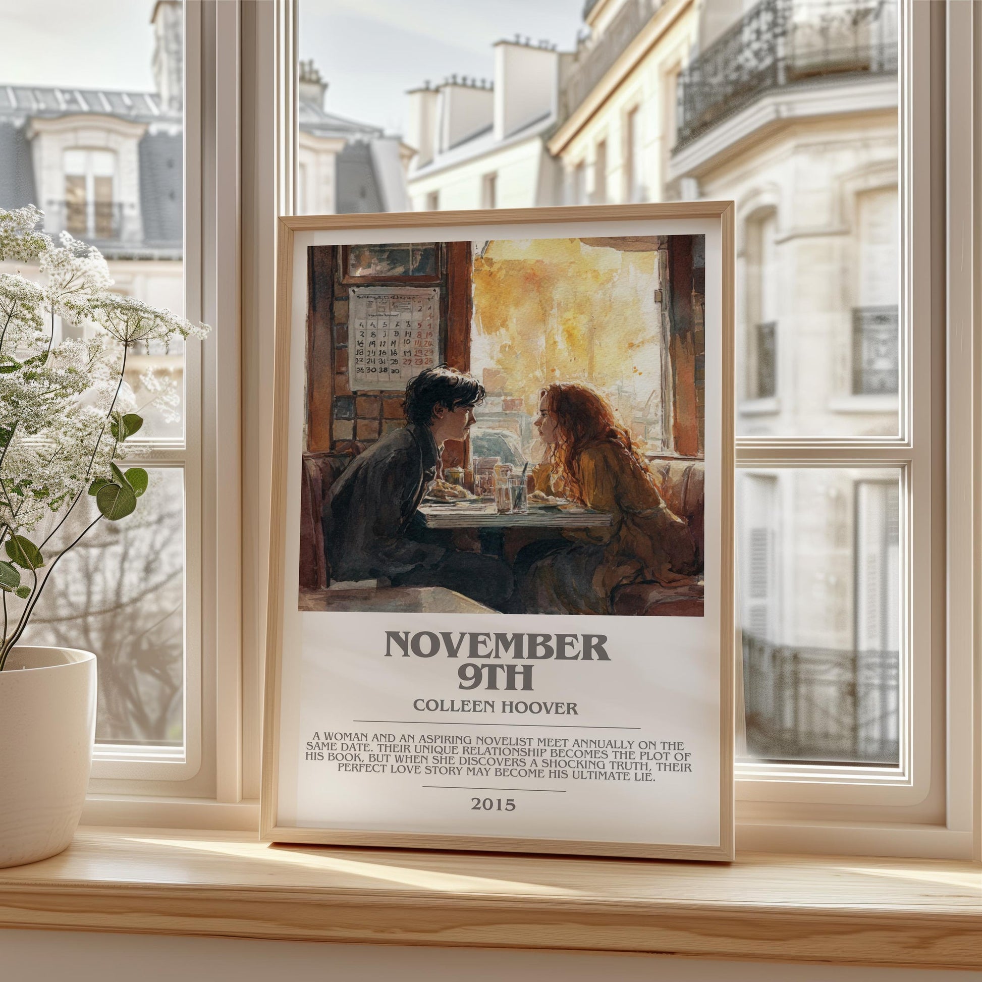 November 9 bookish print framed by window – literary home decor