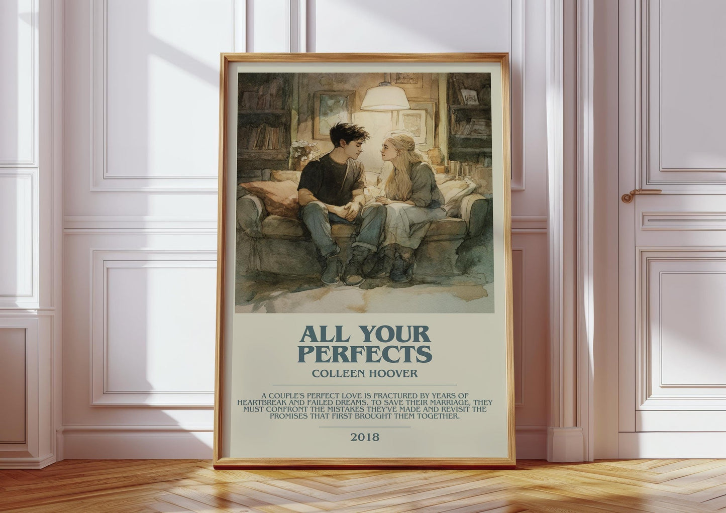 All Your Perfects bookish print in frame leaning in hallway – romance wall art
