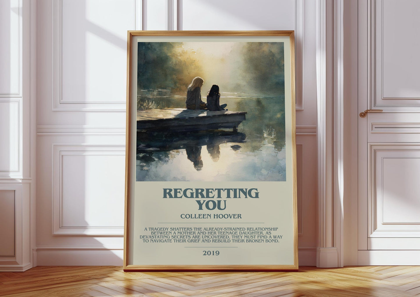 Regretting You bookish print in frame leaning in hallway – thriller wall art