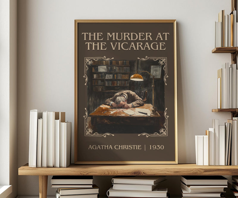 The Murder at the Vicarage classic book art print in frame leaning in hallway – mystery wall art