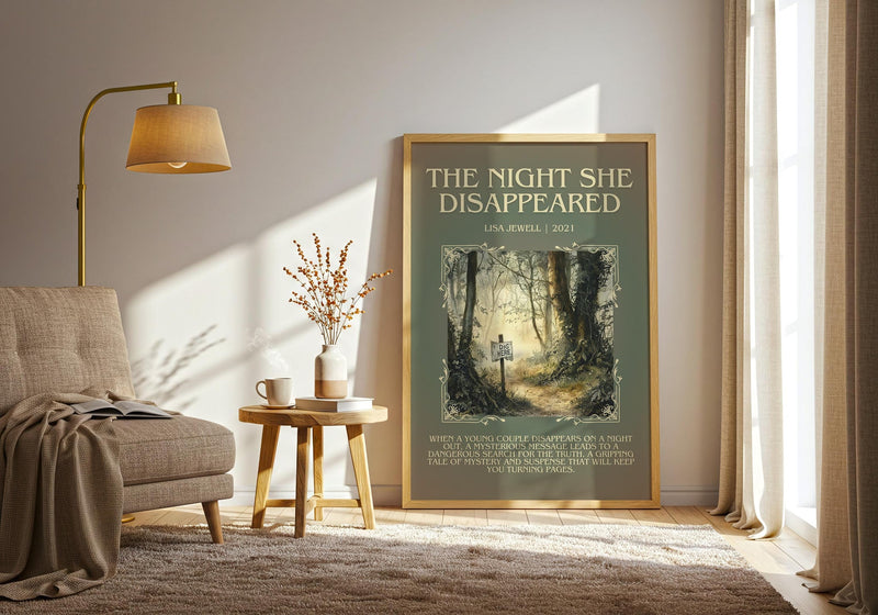 The Night She Disappeared minimalist print framed by window – literary home decor