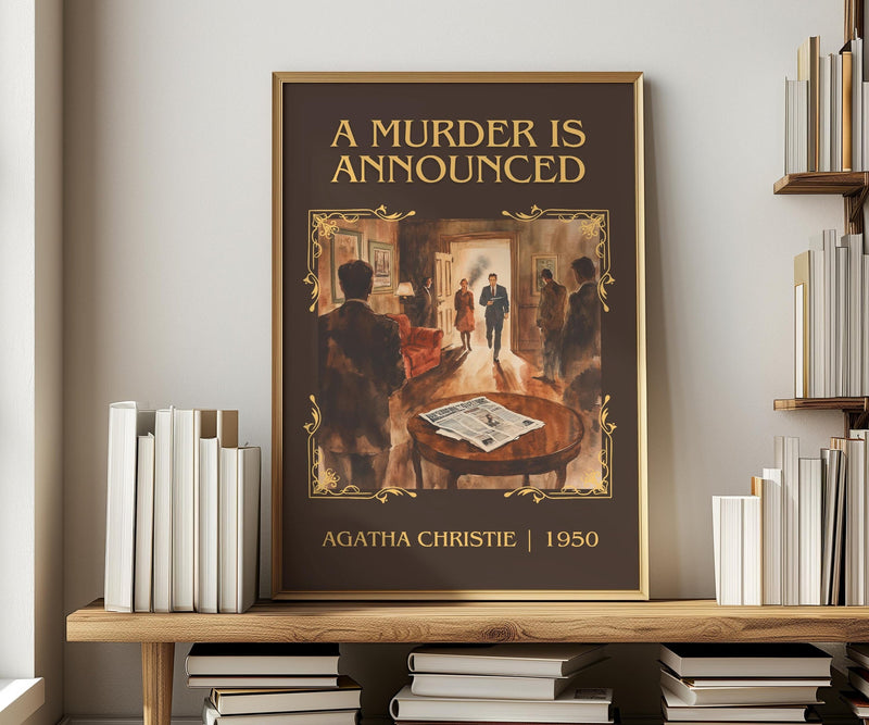 A Murder is Announced classic book art print in frame leaning in hallway – mystery wall art