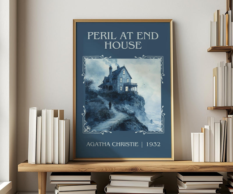 Peril at End House classic book art print in frame leaning in hallway – mystery wall art