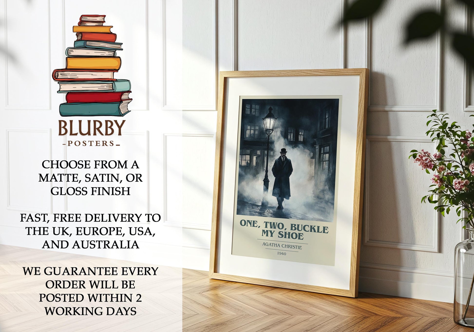 One, Two, Buckle My Shoe by Agatha Christie Descriptive Poster Print. Free Delivery Wall Art Author & Blurb Book Artwork Novel