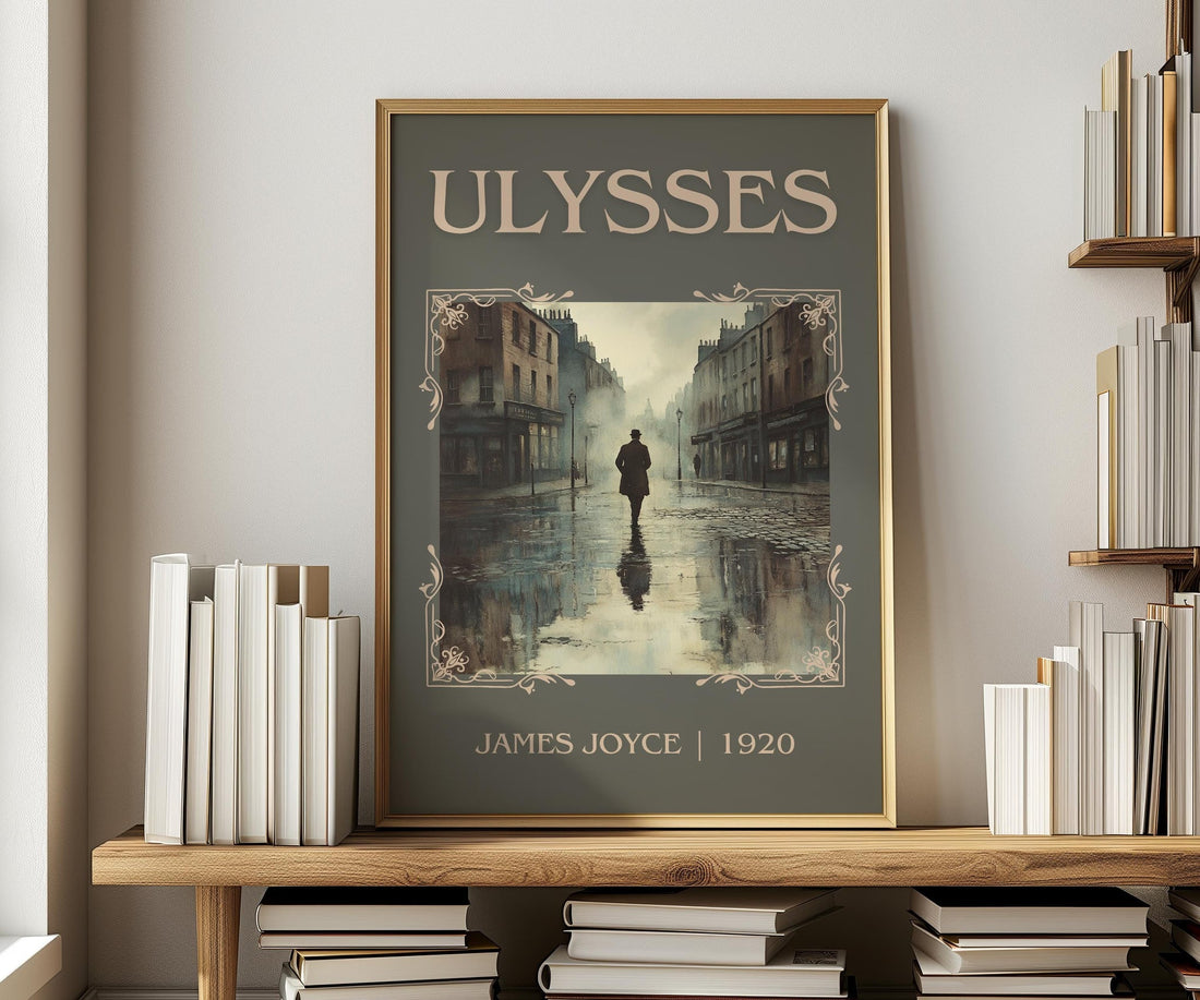 Ulysses classic book art print in frame leaning in hallway – classic literature wall art (mockup)