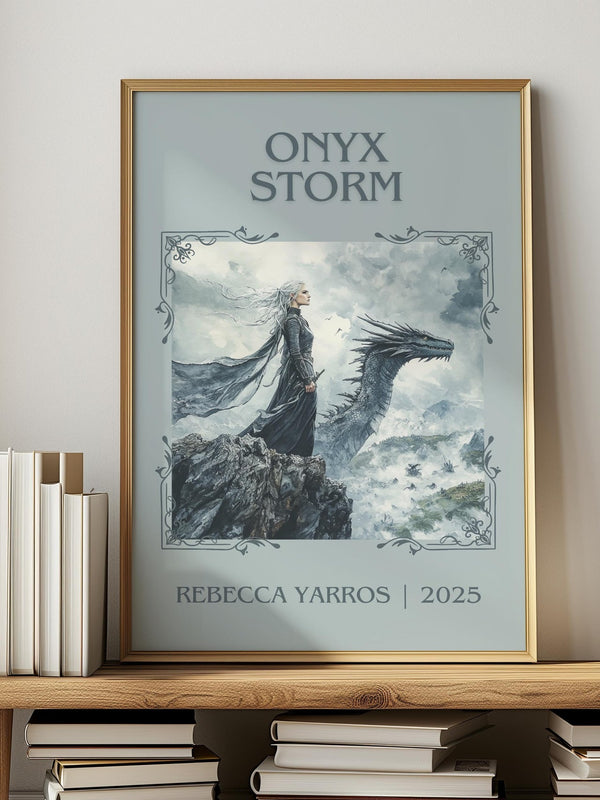 Onyx Storm classic book art print in frame leaning in hallway – fantasy wall art