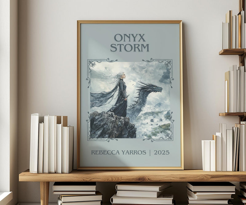 Onyx Storm classic book art print in frame leaning in hallway – fantasy wall art
