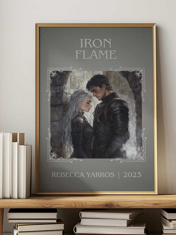 Iron Flame classic book art print in frame leaning in hallway – fantasy wall art