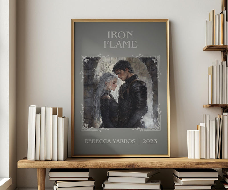 Iron Flame classic book art print in frame leaning in hallway – fantasy wall art