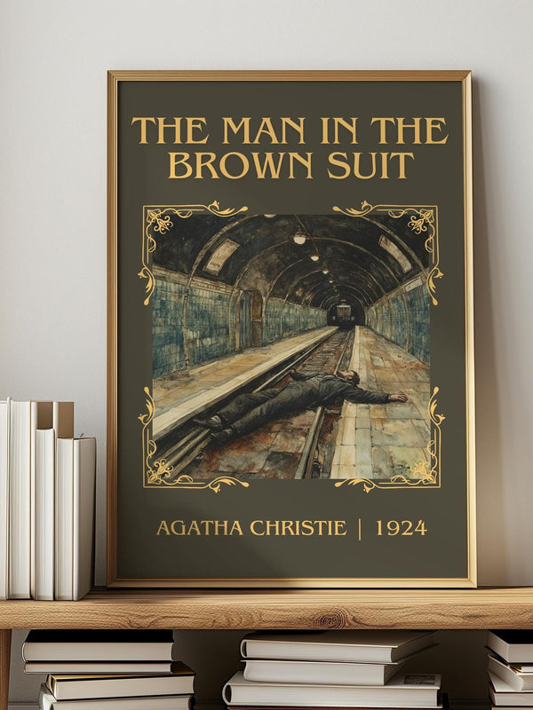 The Man in the Brown Suit classic book art print in frame leaning in hallway – mystery wall art